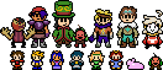 8-bit and 32-bit RPG-style sprites facing forward